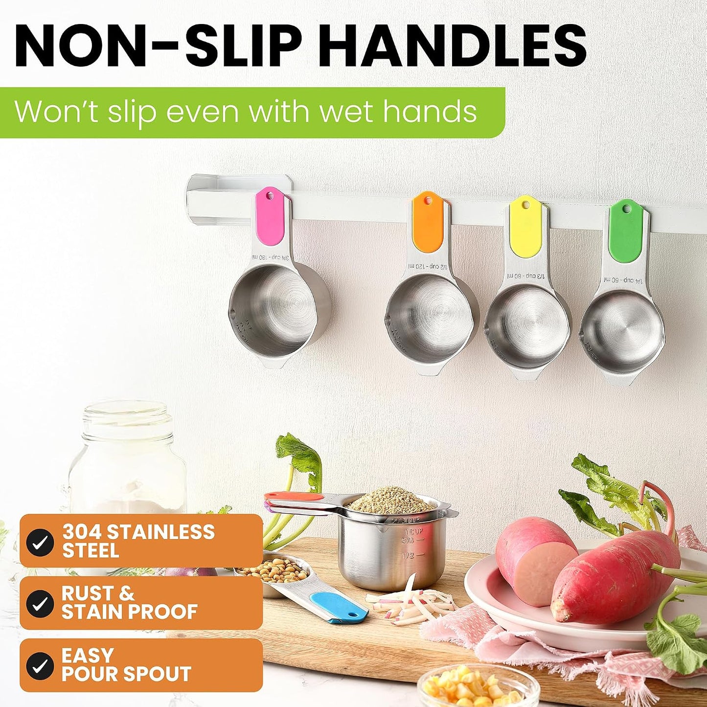Spring Chef Stainless Steel Measuring Cups Set of 7 with Pour Spout - Nesting Kitchen Tools with Easy Read Markings to Measure Dry or Liquid Ingredients - Metal Measuring Cups for Baking & Cooking