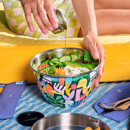 S'well Stainless Steel Salad Bowl Kit 64oz, Peacock Blue, Comes with 2oz Mini Canister and Removable Tray for Organization, Leakproof, Easy to Clean, Dishwasher Safe