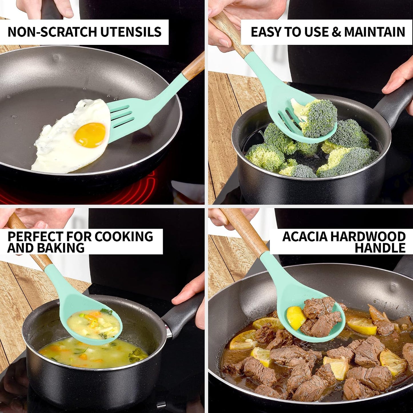 Zulay Kitchen Utensils Set Non-Stick Silicone Cooking Utensils Set with Authentic Acacia Wood Handles - 5 Piece Silicone Utensil Set - Kitchen Utensils Set with 464°F Heat Resistance - Gray