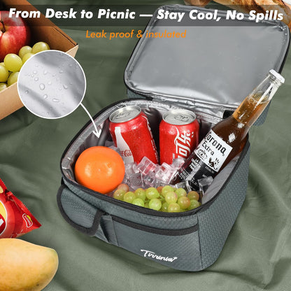 Tirrinia Reusable Lunch Box for Men Women, Insulated Lunch Bag Adult Work, Double Decker Leakproof Lunchbox for Office Picnic Beach—Dual Compartment Lunch Cooler Bag