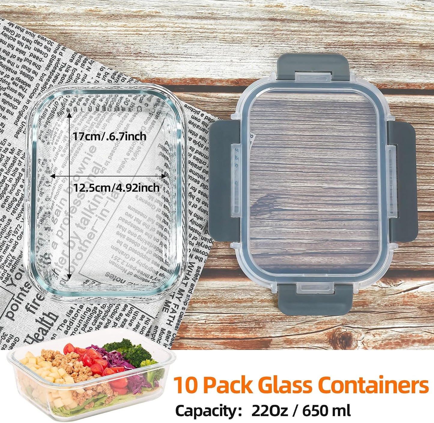 Glass Food Storage Containers 10 Pack - 22Oz Meal Prep Container Set with Lid, Airtight Snap Lock, Microwave Freezer Oven Dishwasher Safe, Lunch Box for Work, Grey
