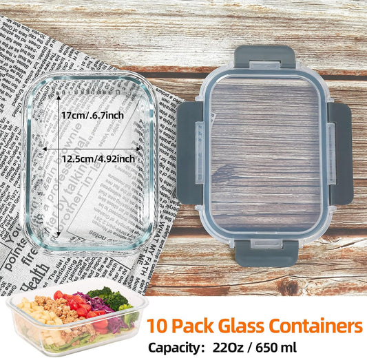 Glass Food Storage Containers 10 Pack - 22Oz Meal Prep Container Set with Lid, Airtight Snap Lock, Microwave Freezer Oven Dishwasher Safe, Lunch Box for Work, Grey