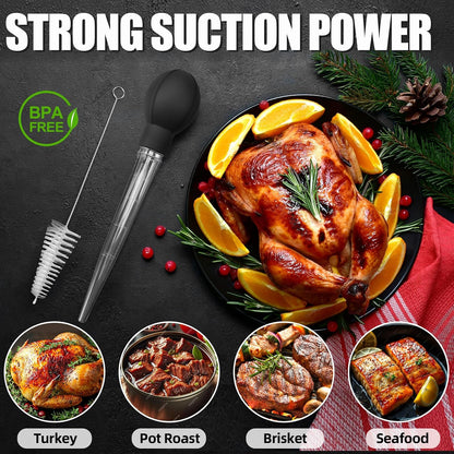 OLESBUR Premium Turkey Basters for Cooking – Baster Syringe for Hot Liquids – Meat and Food Injector – Essential Thanksgiving Cooking Tool – Turkey Baster Large with Cleaning Brush(Black)