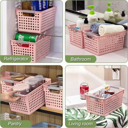 Soddeph 4 Pack Plastic Deep Storage Basket with Handles, Cubbies Organizer Bins with Hollow Design for Under Counter, Closet, Kitchen or Bathroom 12.3" × 8.7" × 6.9"(White, Medium)