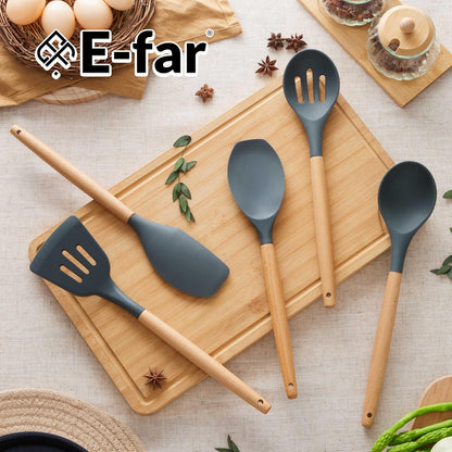 E-far Silicone Cooking Utensils Set, 5-Piece Kitchen Utensils Set with Wooden Handle for Cooking, Silicone Kitchen Nonstick Tools Spatula Turner Slotted Spoons, Nontoxic & Heat Resistant-Khaki
