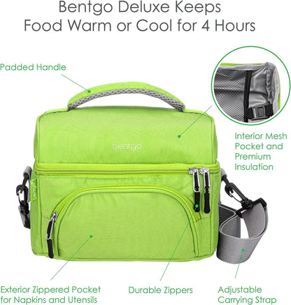 Bentgo Deluxe Lunch Bag - Durable and Insulated Lunch Tote with Zippered Outer Pocket, Internal Mesh Pocket, Padded & Adjustable Straps, & 2-Way Zippers - Fits Most Lunch Boxes (Green)