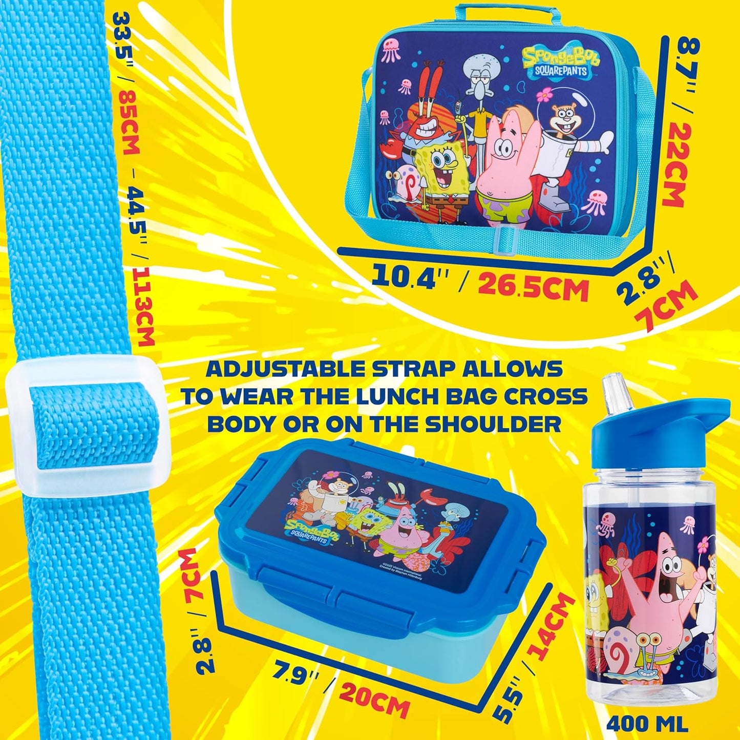 Get Trend SpongeBob Squarepants Water Bottle Lunch Box Lunch Bag Kids Set 3 Pcs Insulated Snack Bag for School Travel Gifts for Kids (Blue SpongeBob)