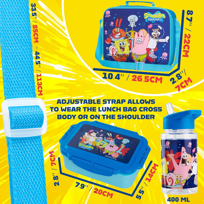 Get Trend SpongeBob Squarepants Water Bottle Lunch Box Lunch Bag Kids Set 3 Pcs Insulated Snack Bag for School Travel Gifts for Kids (Blue SpongeBob)