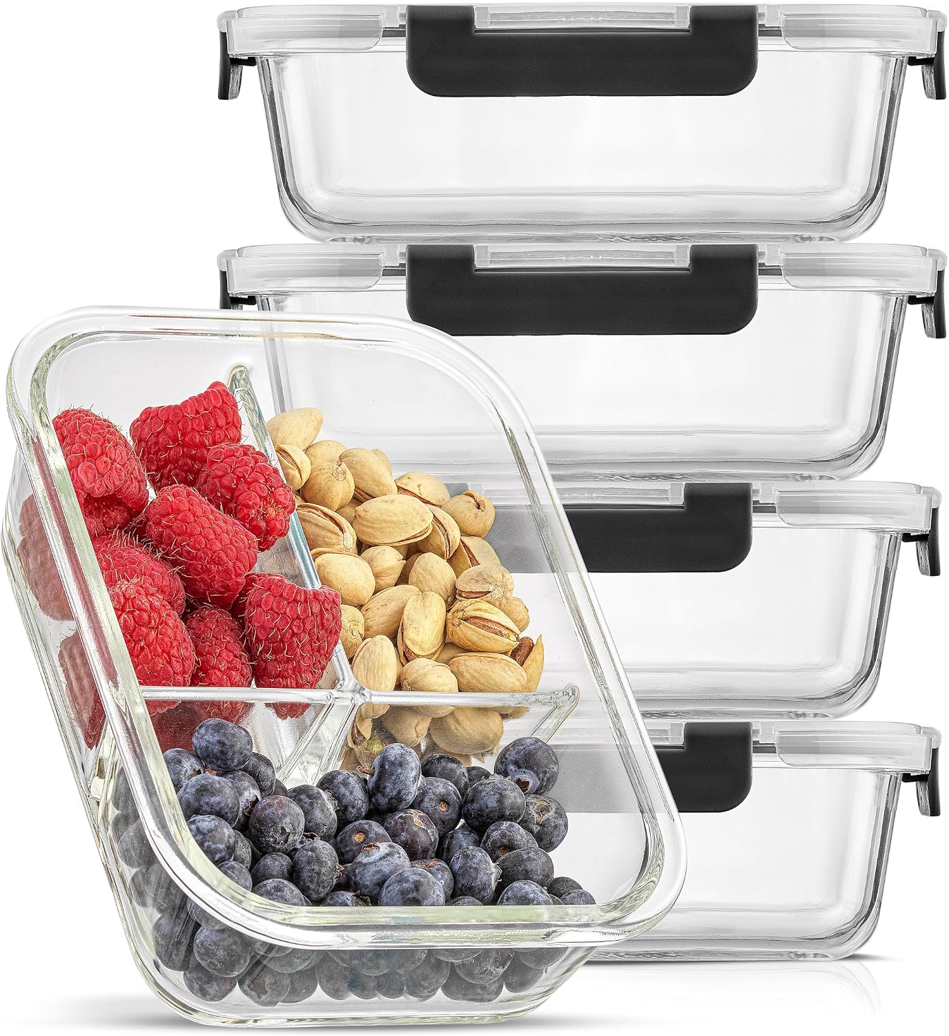 JoyJolt Divided 3 Compartment Glass Meal Prep Bento Box Set. 5 Pack Airtight Food Storage Containers with Lids for Portion Control and Weight Loss