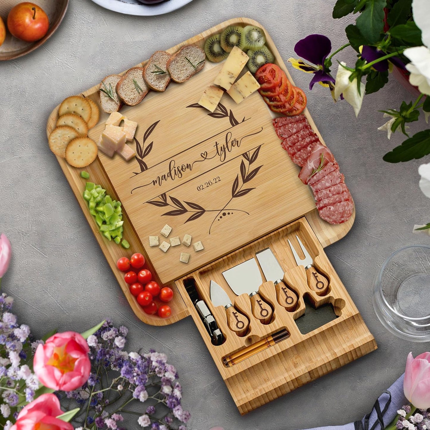 Bambüsi Charcuterie Boards - Large Bamboo Charcuterie Board Set with Knives Serving Accessories, Cheese Tray - House Warming Gifts New Home, Wedding Gift, Bridal Shower Gifts, Birthday Gifts Women Men