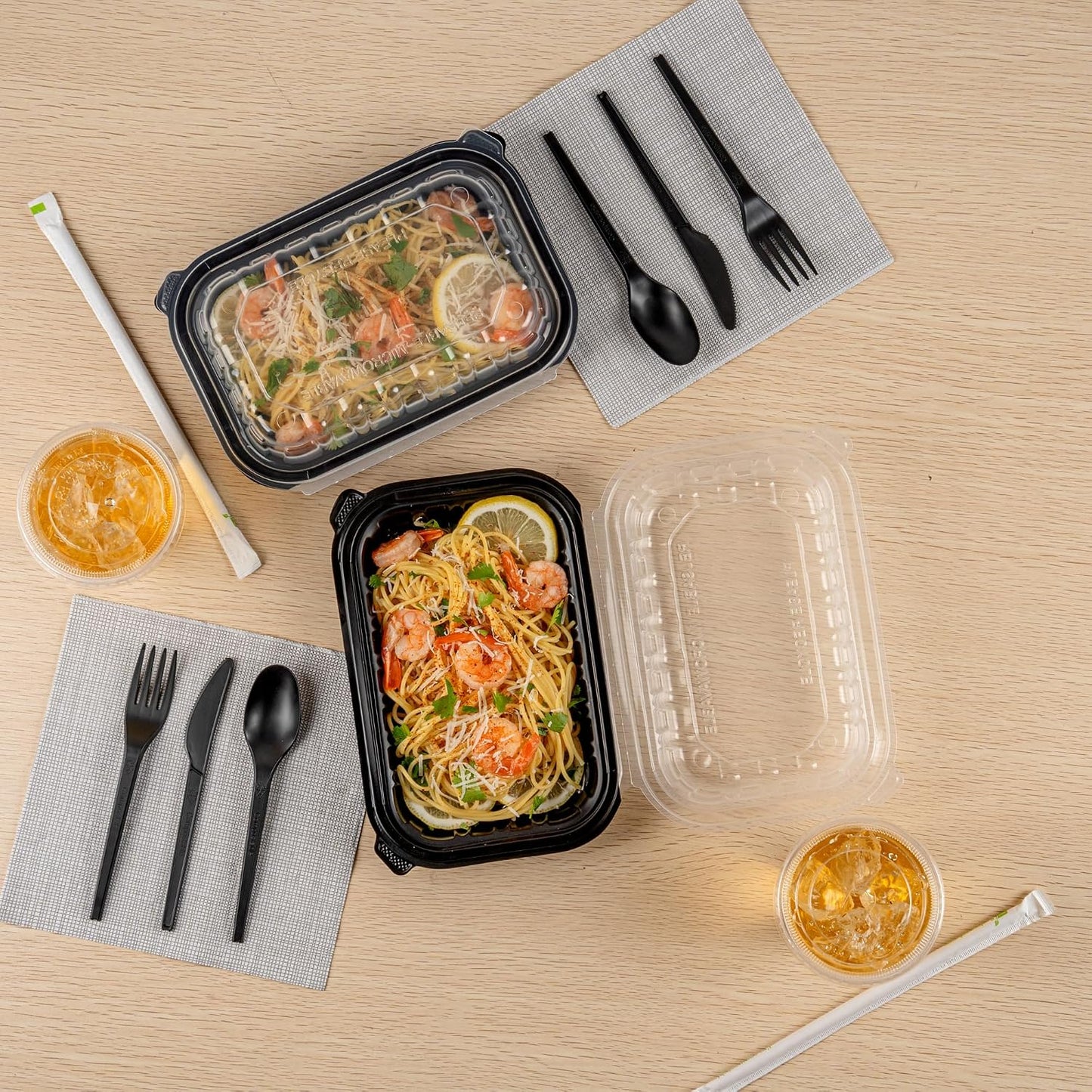 Thermo Tek 40 Ounce Clamshell Containers, 50 Disposable Take Out Boxes - 3 Compartments, Ventilated Lids, Black Plastic Meal Prep Containers, Microwavable, For Pasta Or Salads - Restaurantware