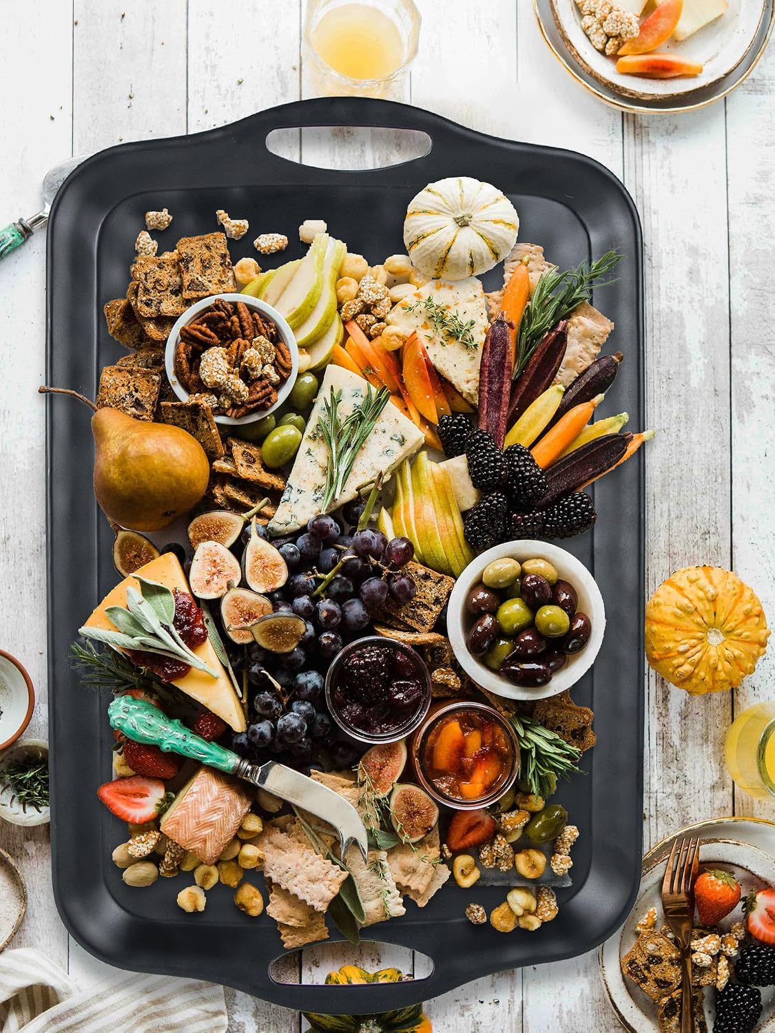 ECOIOU Extra Large Serving Tray with Handles, 20x13 inch, Set of 2 Melamine Platters for Serving Food, Turkey, Cookie, Rectangular Trays for Eating, Raised Dots Matt Finished, Dishwasher Safe, White