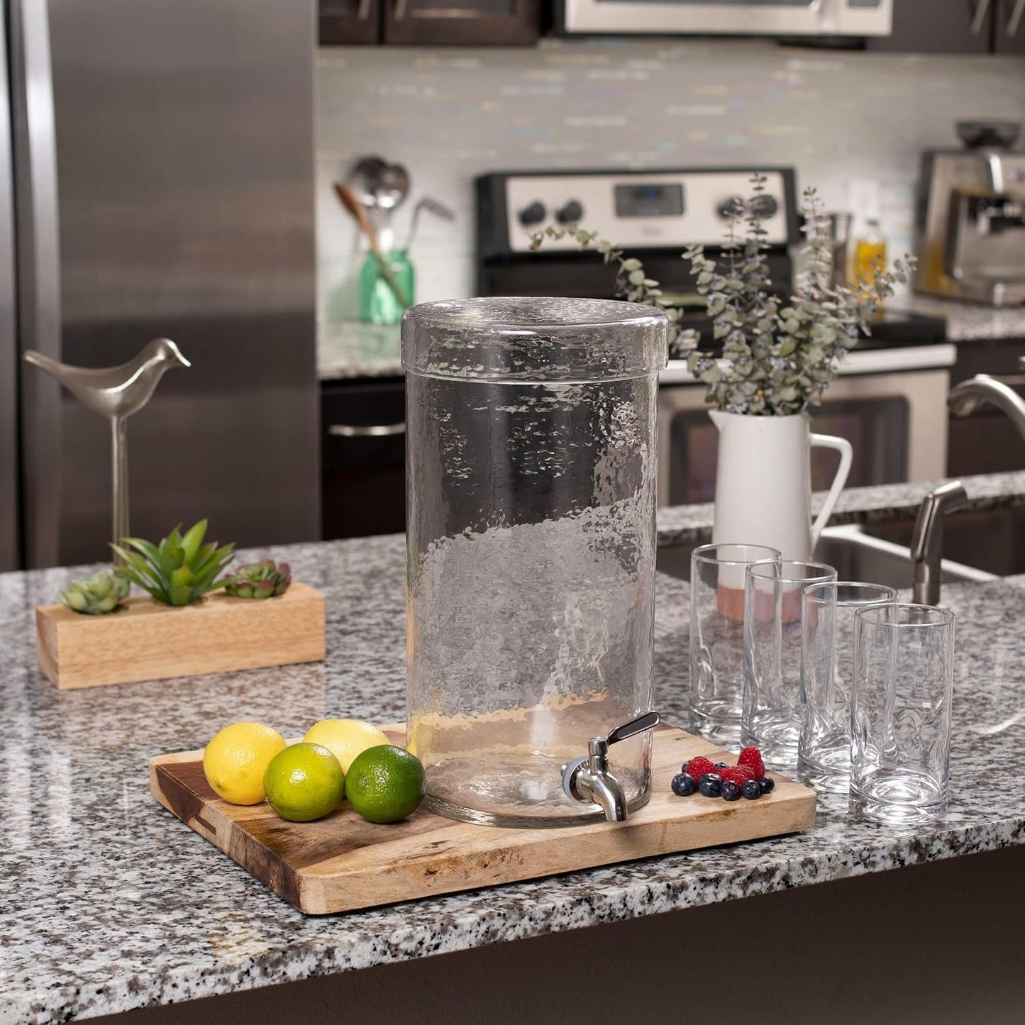 BIRDROCK HOME Beverage Dispenser with Stand & Stainless Steel Spigot - Hammered Glass Drink Dispenser for Parties Home & Events - Ideal for Serving Tea, Lemonade, Juice, Sangria, Cocktail - 1.5 Gallon