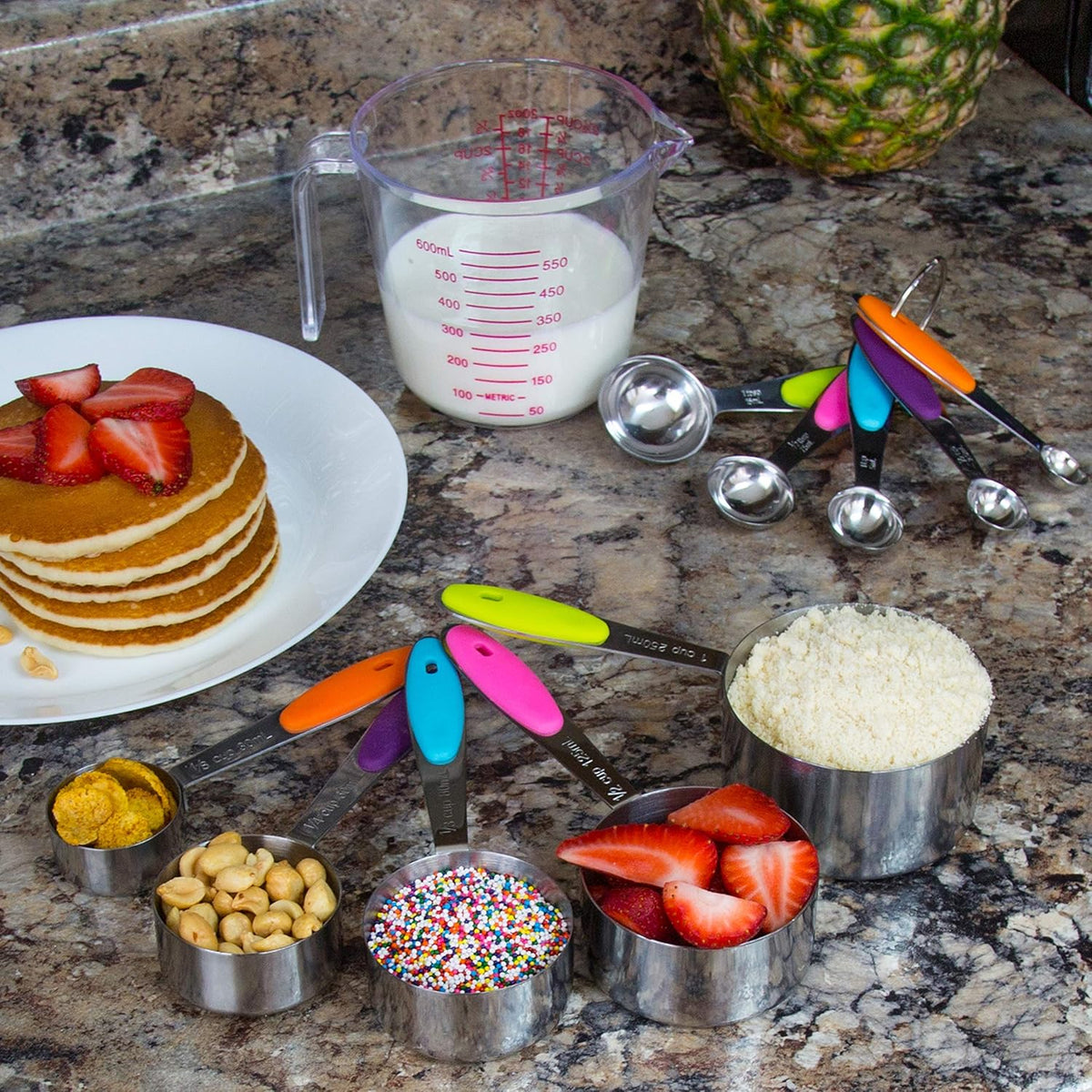 Measuring Cups and Spoons Set. Includes 10 Stainless Steel Measuring Spoons and Cups Set and 1 Plastic Measuring Cup. Liquid Measuring Cups Set and Dry Metal Measuring Cup Set