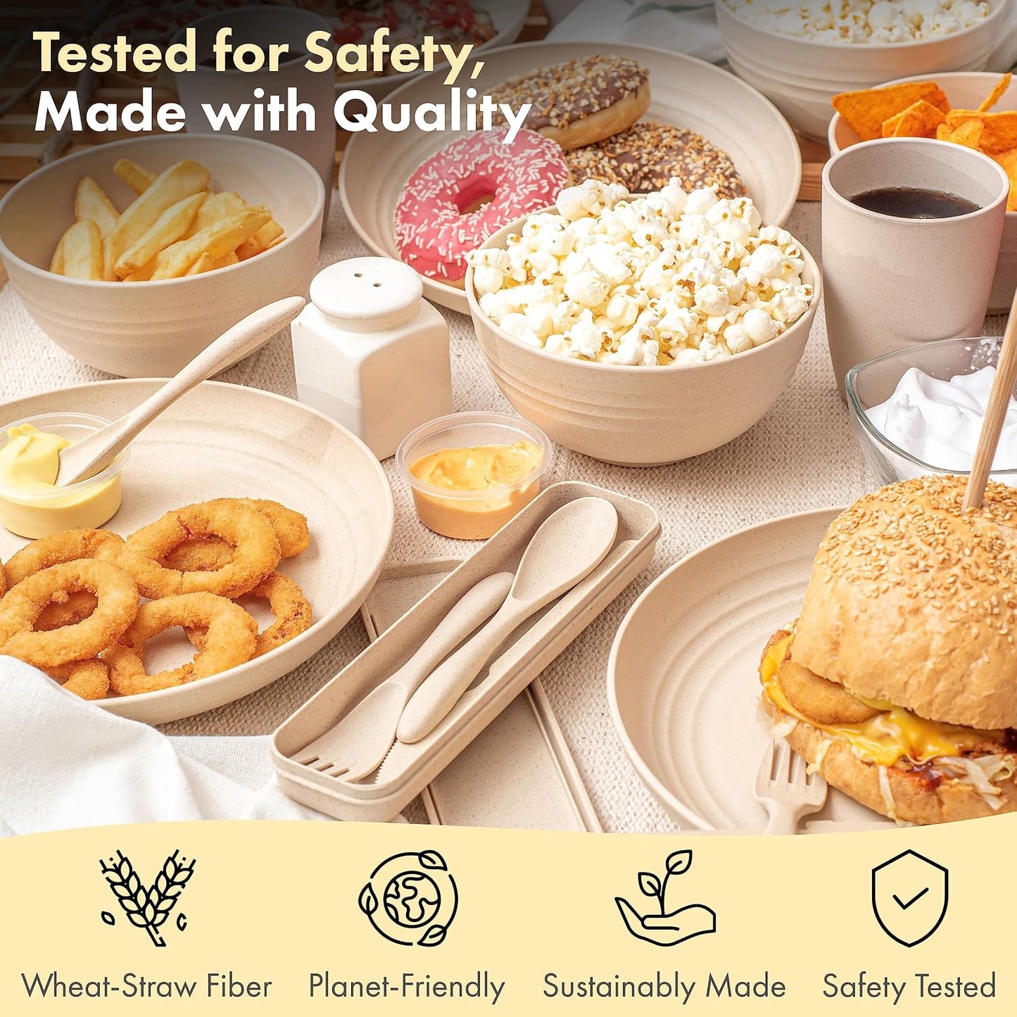 FOODLE Wheat Straw Dinnerware Set - BPA Free & Safety Tested - Microwave & Dishwasher Safe Dishes - Perfect for Camping, Picnic, RV, Dorm - Plates, Cups and Bowls - Great for Kids & Adults - For 4