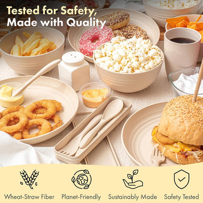 FOODLE Wheat Straw Dinnerware Set - BPA Free & Safety Tested - Microwave & Dishwasher Safe Dishes - Perfect for Camping, Picnic, RV, Dorm - Plates, Cups and Bowls - Great for Kids & Adults - For 4