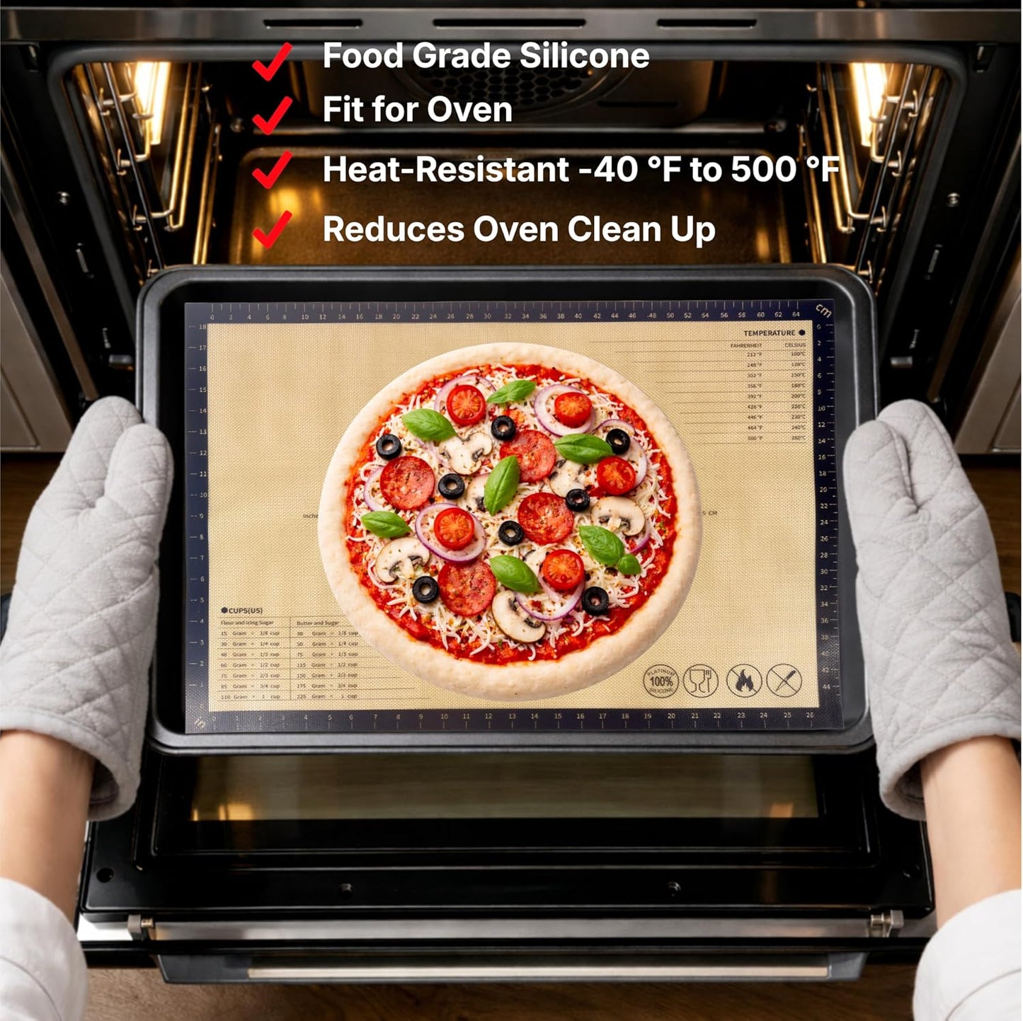 Silicone Pastry Mat with Measurements, 28 x 20 Inch Extra Thick Non-Slip Nonstick XL Baking Mat for Dough Rolling, Kneading, Fondant and Pie, Red