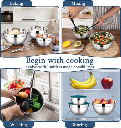 LIANYU Mixing Bowls with Airtight Lids Sets, 3 Packs Stainless Steel Metal Mixing Bowls, Ideal for Prepping, Cooking, Storage, Serving, Freezer & Dishwasher Safe, Khaki