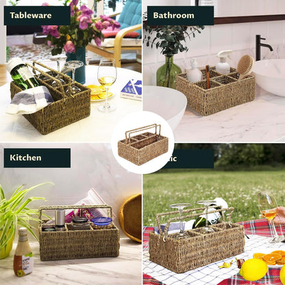 PEMAR Large L-Sized Hand Woven Utensil Caddy Carrier, Natural Jute Wicker Condiment Holder for Table, Kitchen Set Counter Top Silverware Organizer, Rustic Storage for Forks, Spoons, Seagrass