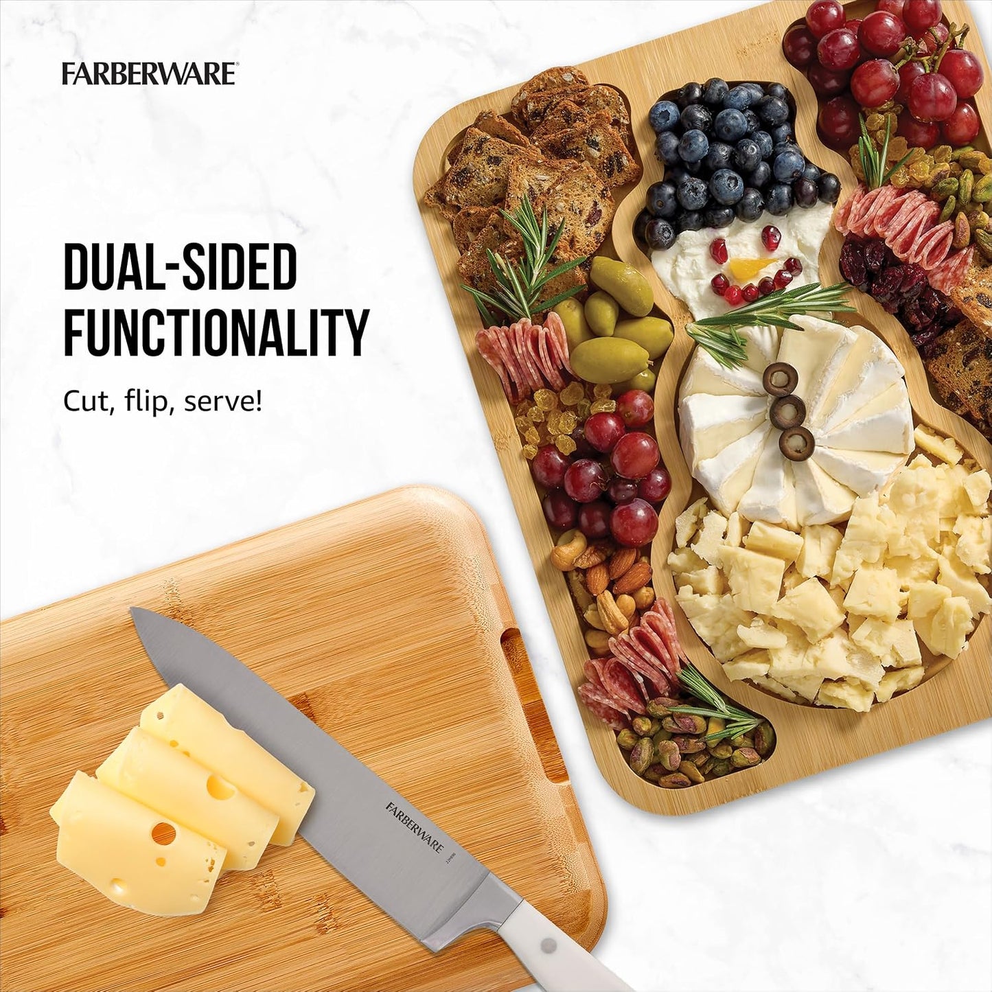 Farberware Build-A-Board Bamboo Cutting Board with Built-In Compartments & Clear Locking Lid, Black Handles, Charcuterie, Snack Tray, Food Prep and Serving Platter
