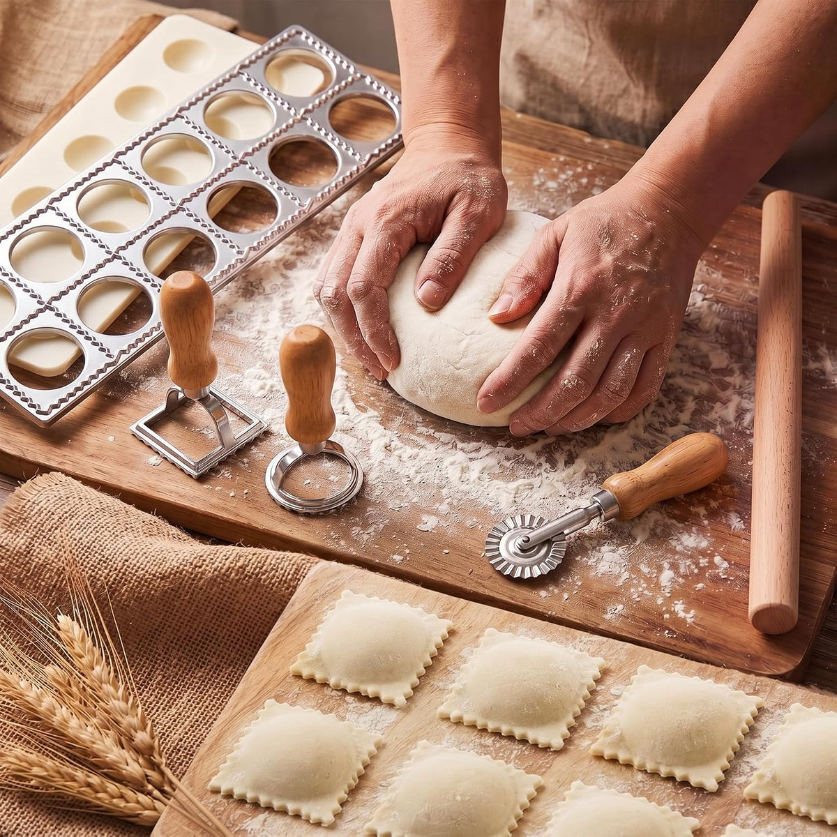 Geetery 5 Pcs Ravioli Mold Set 2 Inch Square Ravioli Maker Cutter Kit with 12-Hole Raviolis Press 3 Pasta Cutter Stamps Wooden Rolling Pin Pasta Making Tool for Homemade Raviolis Home Restaurant Use