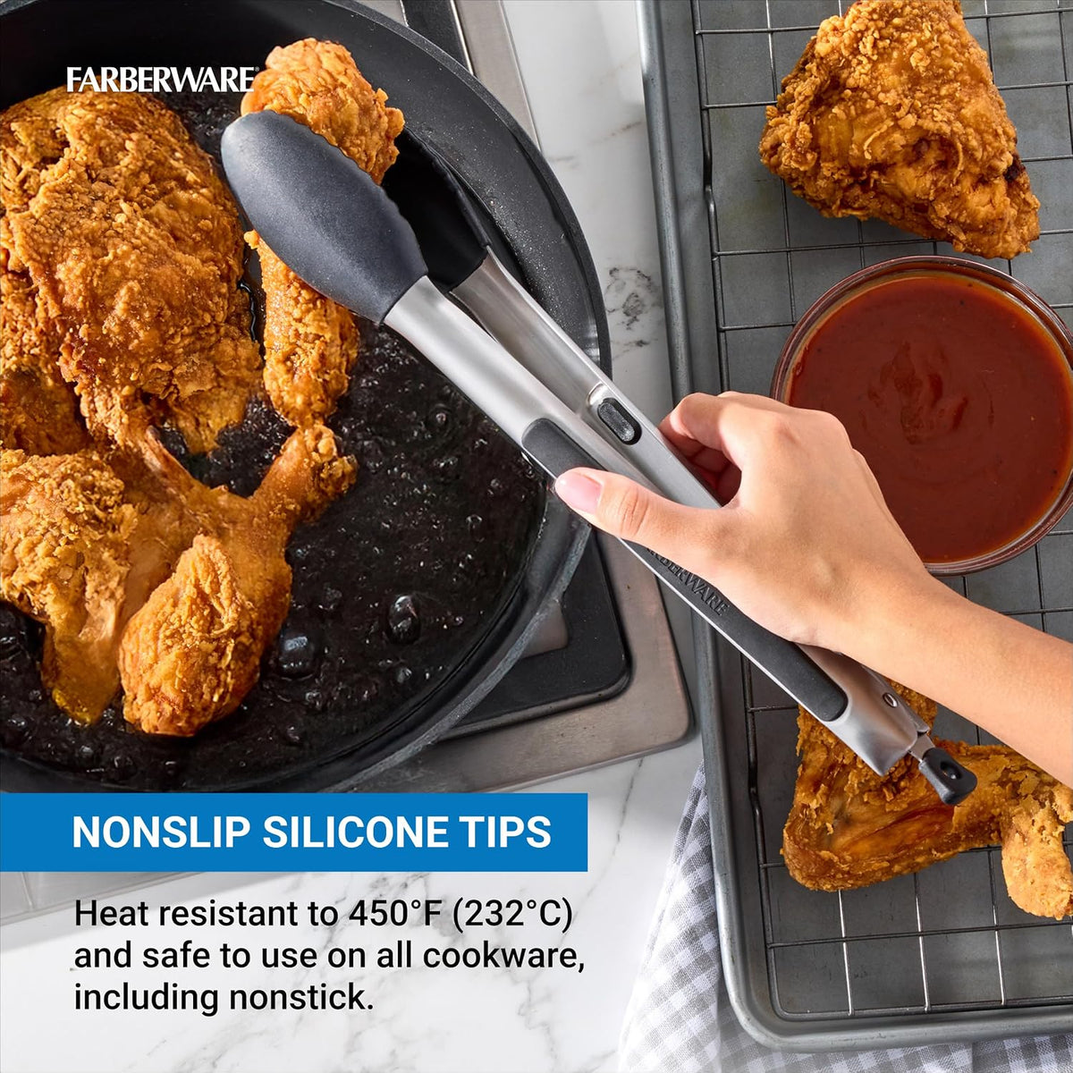 Farberware Pro Silicone Head Locking Kitchen Tongs 12 Inch - Cooking Tongs with Scalloped Tips, Ergonomic Grip, Heat Safe to 450F - Dishwasher Safe Tongs for Cooking, Grilling, Serving
