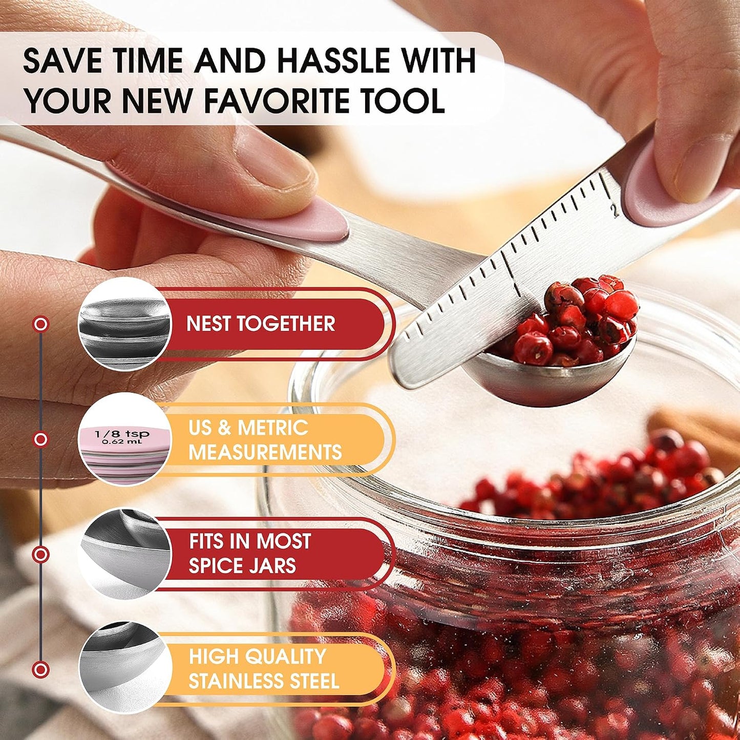 Spring Chef Stainless Steel Magnetic Measuring Spoons Set with Strong N45 Magnets, Heavy Duty Metal Kitchen Gadgets for Baking & Cooking, Fits in Most Kitchen Spice Jars, Set of 8 with Leveler, Black