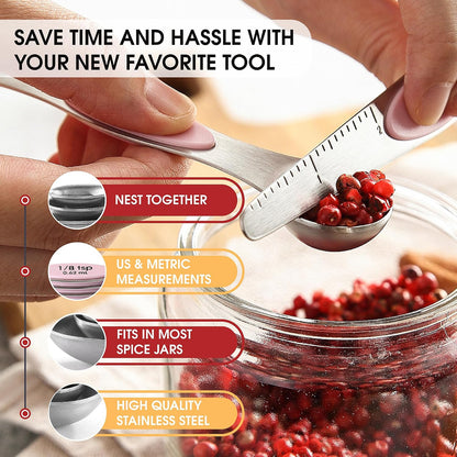 Spring Chef Stainless Steel Magnetic Measuring Spoons Set with Strong N45 Magnets, Heavy Duty Metal Kitchen Gadgets for Baking & Cooking, Fits in Most Kitchen Spice Jars, Set of 8 with Leveler, Black