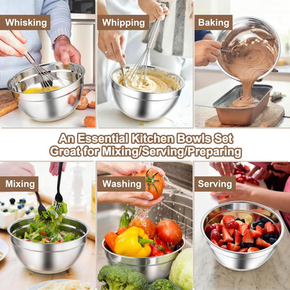 TeamFar Mixing Bowls, Stainless Steel Mixing Bowls with Lids, Nesting Salad Bowls with Air-tight Lids & Non-slip Bottom, Dishwasher Safe & Stackable, Set of 6-4.6/2.6/2 / 1.5/1 / 0.7 Qt