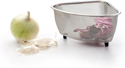 RSVP International Endurance® In-Sink Mesh Colander Strainer Basket, 3 Quart | Organize Sponges, Collect Food Scraps | Dishwasher Safe | Small Corner Basket | Steaming, Draining & Rinsing