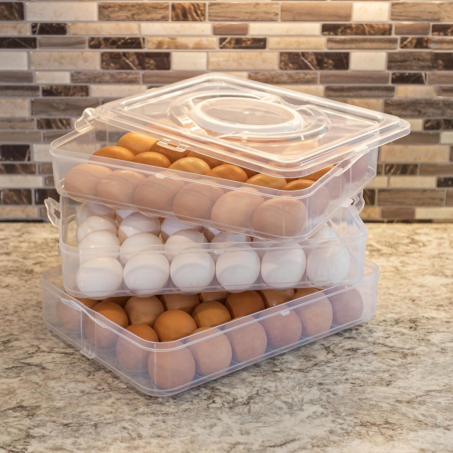 Egg Container for Refrigerator - Large-Capacity Egg Holder with Lid and Handle - Carrier for 72 Fresh, Store Bought or Deviled Eggs by Classic Cuisine