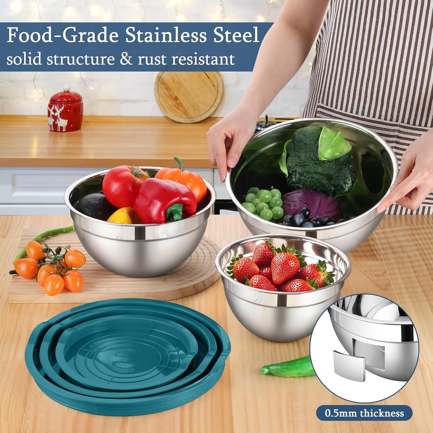 LIANYU Mixing Bowls with Airtight Lids Sets, 3 Packs Stainless Steel Metal Mixing Bowls, Ideal for Prepping, Cooking, Storage, Serving, Freezer & Dishwasher Safe, Khaki