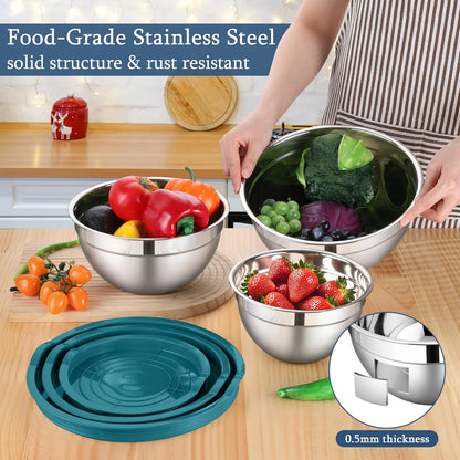 LIANYU Mixing Bowls with Airtight Lids Sets, 3 Packs Stainless Steel Metal Mixing Bowls, Ideal for Prepping, Cooking, Storage, Serving, Freezer & Dishwasher Safe, Khaki