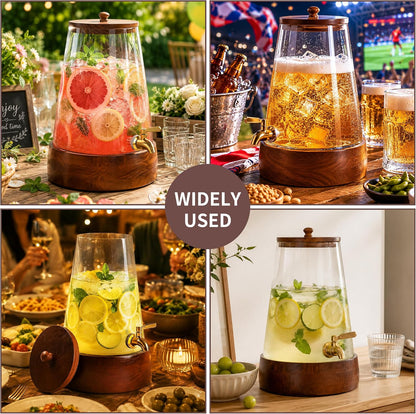 Glass Drink Dispenser with Spigot, 1.72 Gallon Beverage Dispenser for Parties, Acacia Wood Stand, Silicone Protection Mat & Cleaning Brush, Beverage Server for Lemonade, Juice, Iced Tea, Sangria