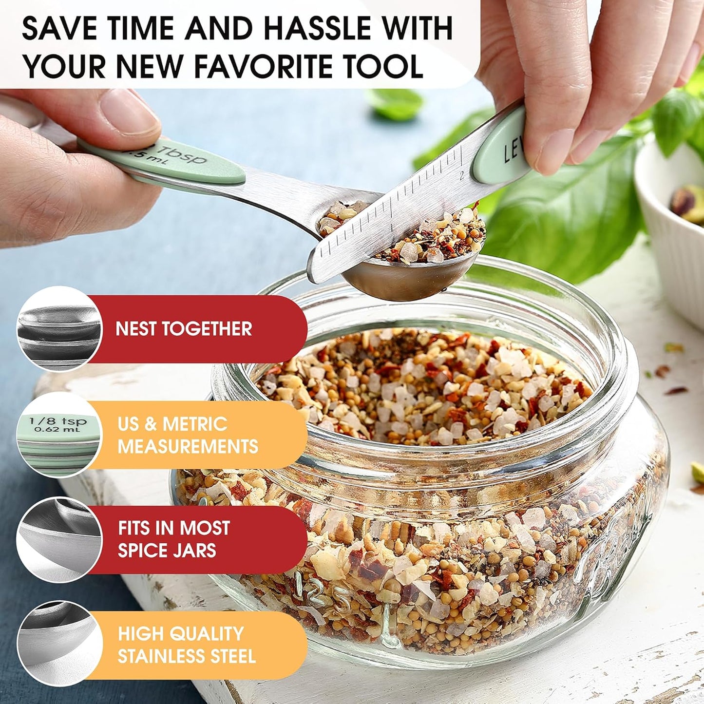 Spring Chef Stainless Steel Magnetic Measuring Spoons Set with Strong N45 Magnets, Heavy Duty Metal Kitchen Gadgets for Baking & Cooking, Fits in Most Kitchen Spice Jars, Set of 8 with Leveler, Black
