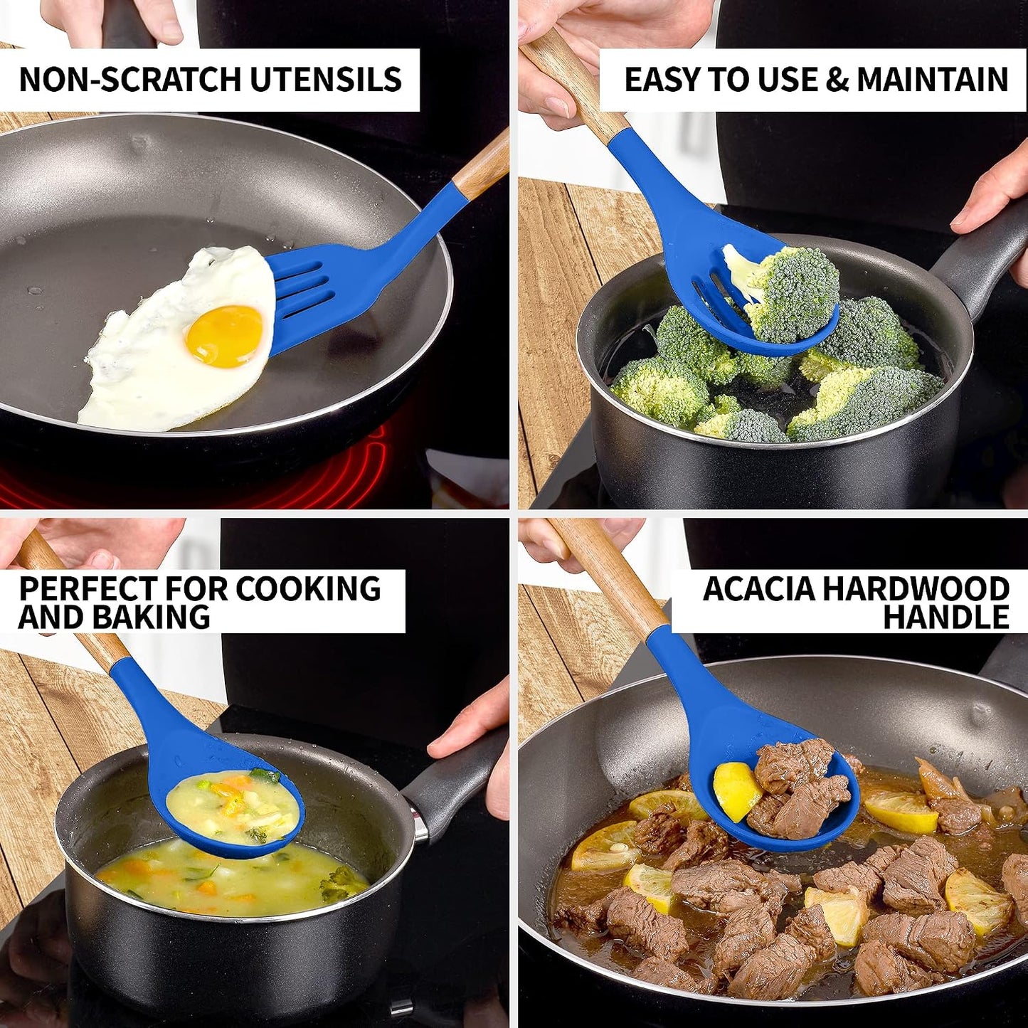 Zulay Kitchen Utensils Set Non-Stick Silicone Cooking Utensils Set with Authentic Acacia Wood Handles - 5 Piece Silicone Utensil Set - Kitchen Utensils Set with 464°F Heat Resistance - Gray