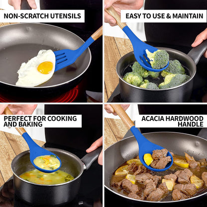 Zulay Kitchen Utensils Set Non-Stick Silicone Cooking Utensils Set with Authentic Acacia Wood Handles - 5 Piece Silicone Utensil Set - Kitchen Utensils Set with 464°F Heat Resistance - Gray