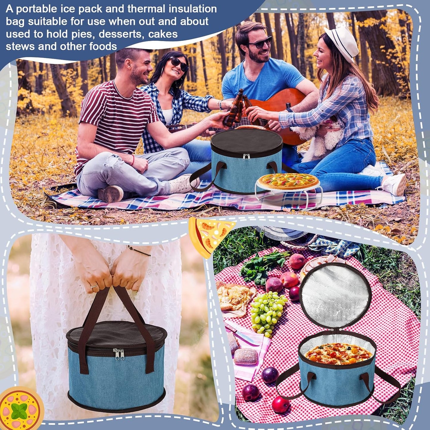 Yaomiao 2 Set Round Pie Carrier 11 x 7 Inch with Dish Tray Plate Stacker Insulated Casserole Carrier with Lid and Handle Reusable Cooler Thermal Bag for Cold Food for Potluck Picnic (Black and Purple)