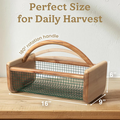 HOMESTEAD Garden Hod Harvest, Durable Acacia Wood Frame with Rotating Handle Basket, Farmhouse Basket for Home Improvement, Gardening, Farm, Kitchen, Indoor Outdoor Use, Natural Color