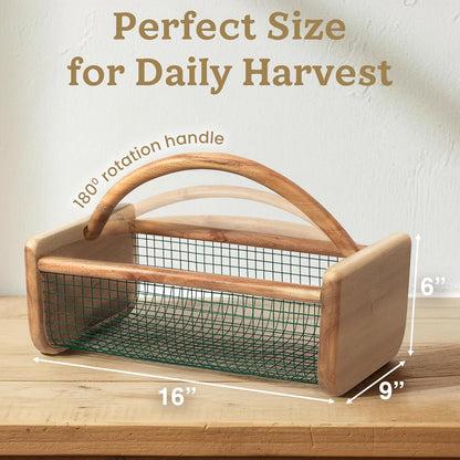 HOMESTEAD Garden Hod Harvest, Durable Acacia Wood Frame with Rotating Handle Basket, Farmhouse Basket for Home Improvement, Gardening, Farm, Kitchen, Indoor Outdoor Use, Natural Color
