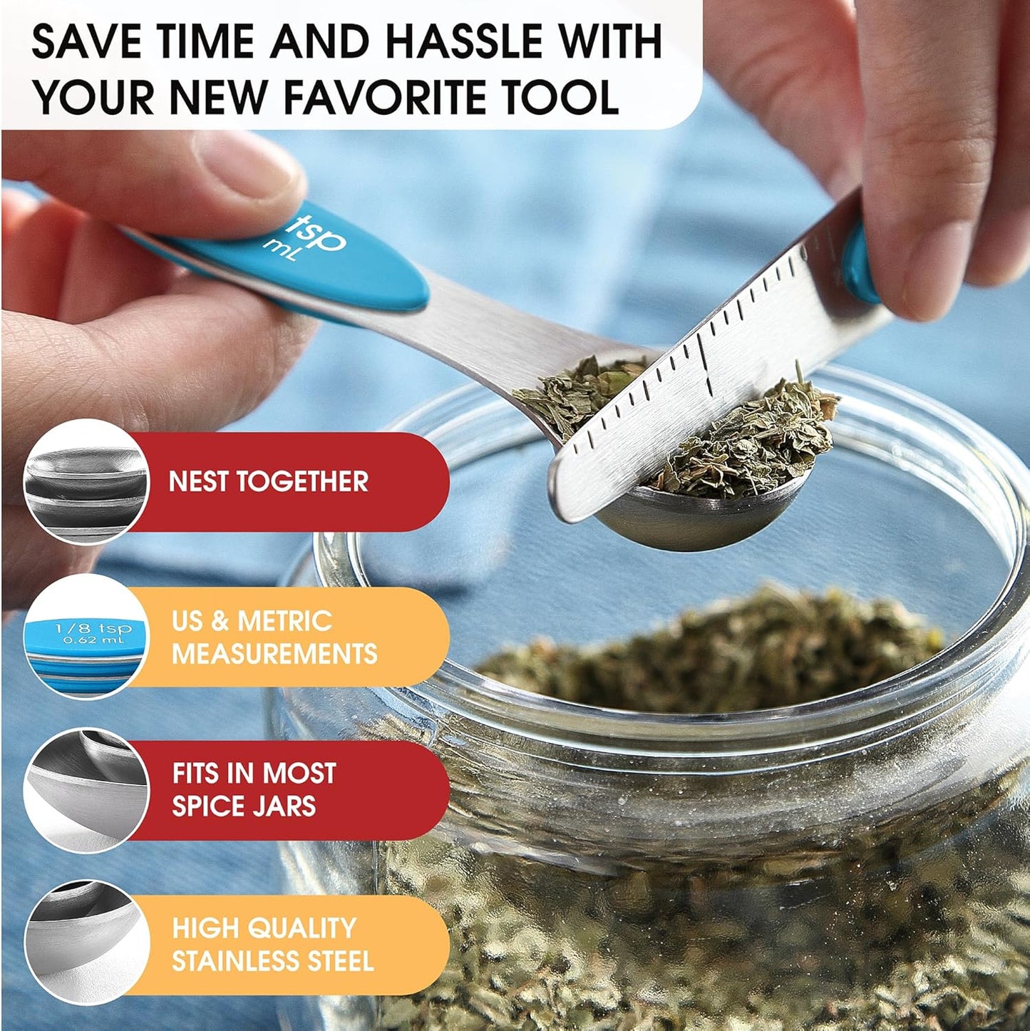 Spring Chef Stainless Steel Magnetic Measuring Spoons Set with Strong N45 Magnets, Heavy Duty Metal Kitchen Gadgets for Baking & Cooking, Fits in Most Kitchen Spice Jars, Set of 8 with Leveler, Black