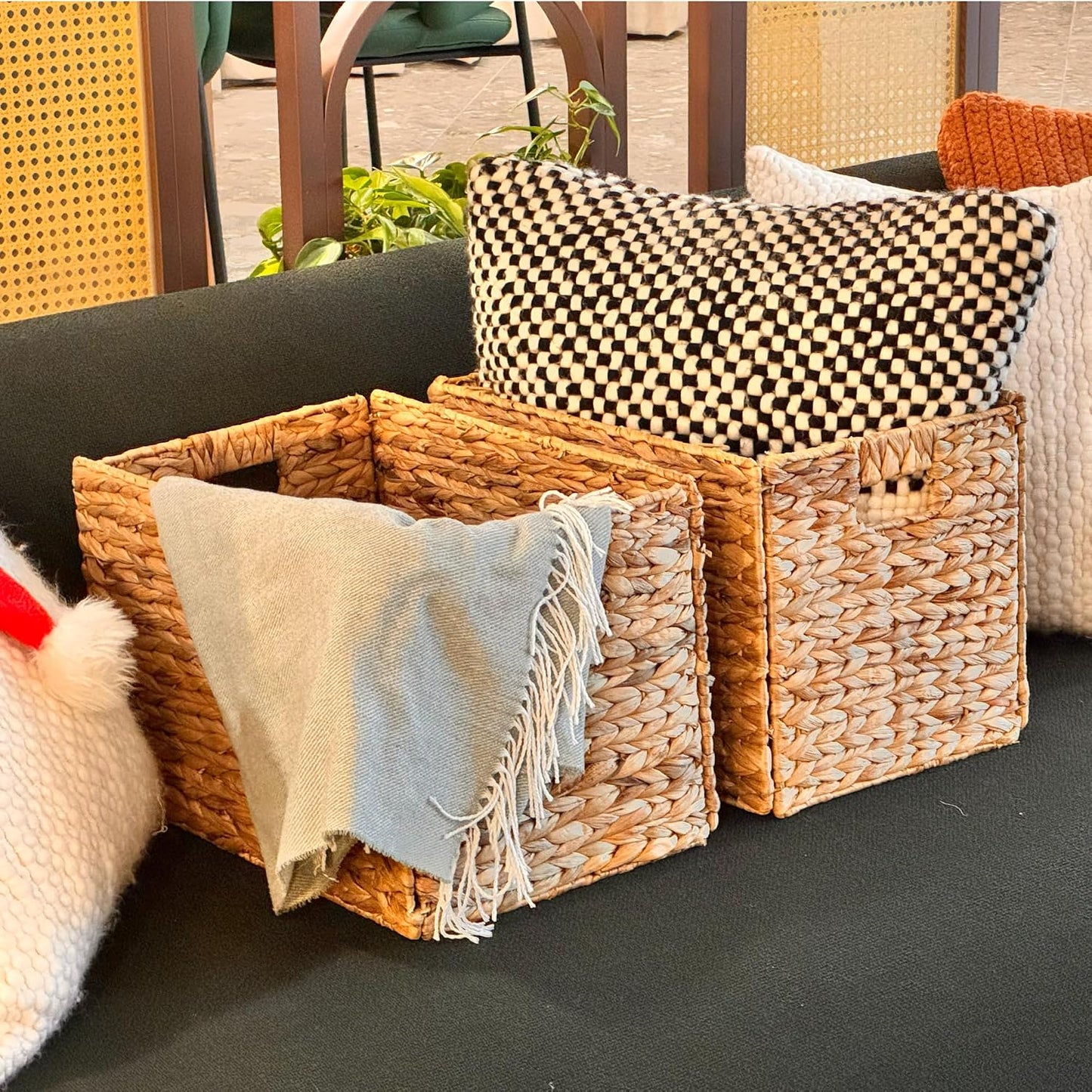 Westerly 4 Decorative Hand-Woven Small Water Hyacinth Wicker Storage Basket, 13x11x11 Perfect for Shelving Units
