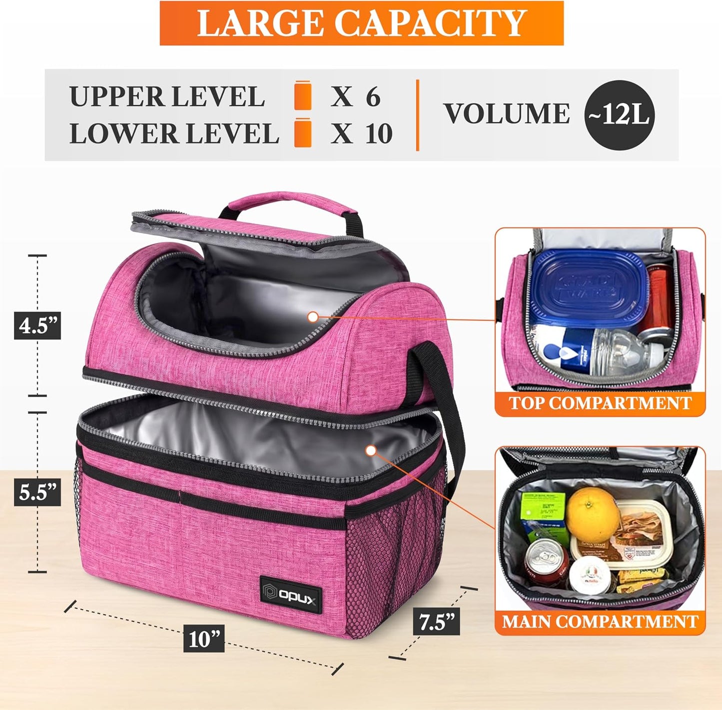 opux Insulated Lunch Bag for Men Women, Double Decker Leakproof Lunch Box Cooler Tote with Shoulder Strap, Large Lunchbox for Work School Travel Meal Prep, Adults Kids Boys Girls, Green, 16 Cans