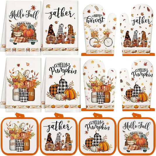 SiliFine 12 Pcs Fall Pumpkin Kitchen Towels Oven Mitts Pot Holders Set
