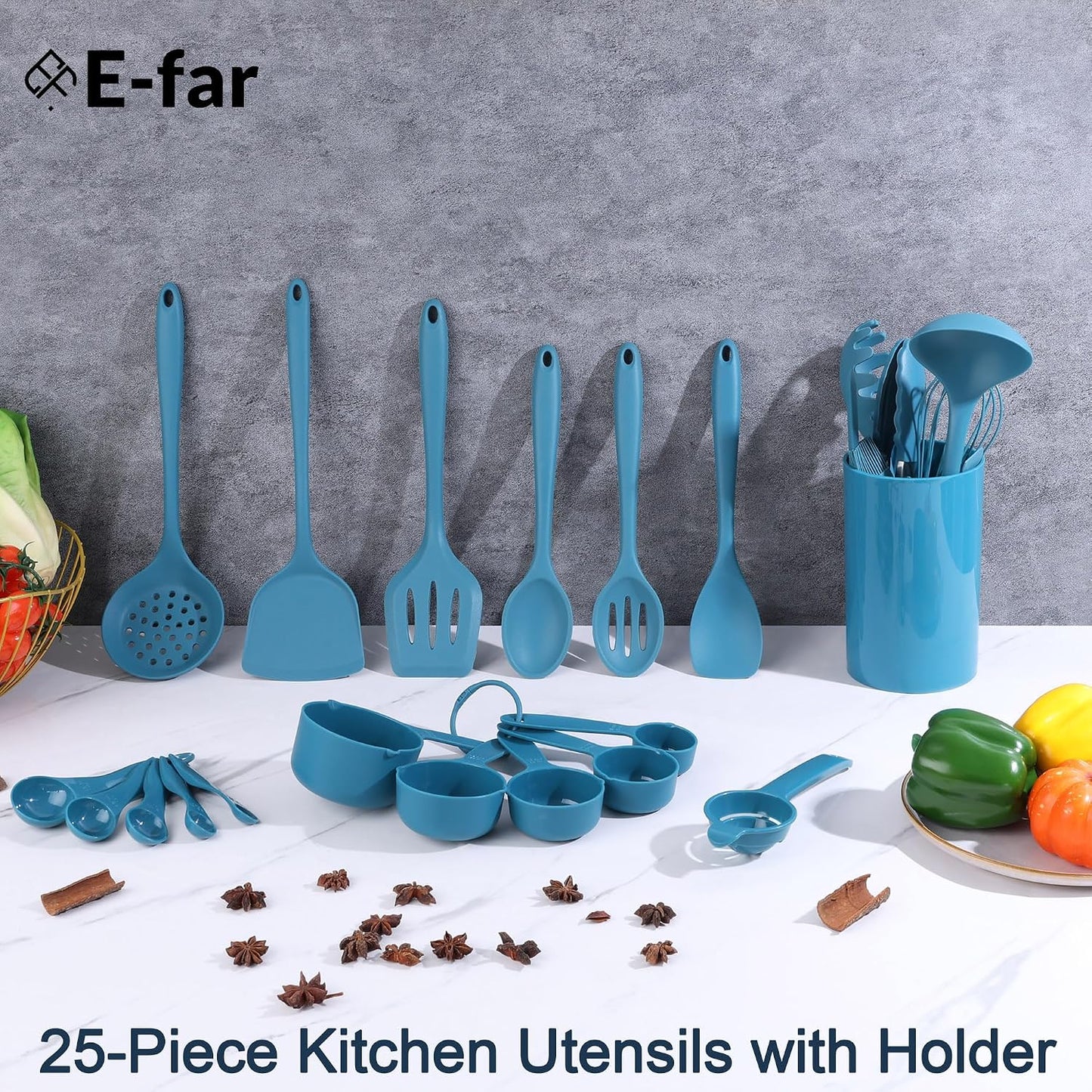 E-far Silicone Cooking Spoon Set of 2, Heat Resistant Kitchen Spoons Utensils Nonstick Mixing Spoon for Baking Stirring Serving, Non-Toxic & Dishwasher Safe (Black)