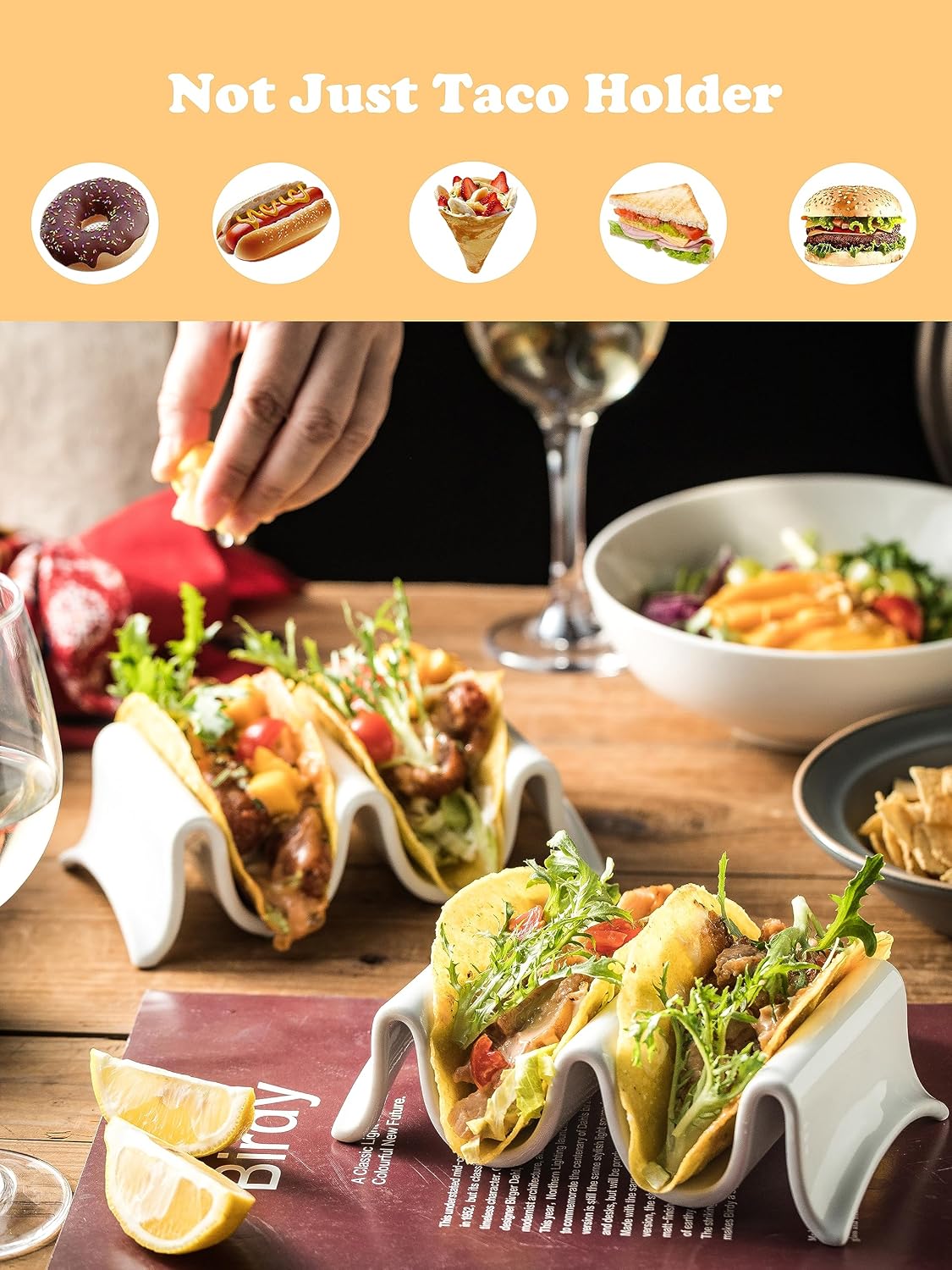 Taco Holders Set of 2, Porcelain Large Taco Tray with Handles, Reusable and Stackable Taco Plates, Perfect for Burritos and Tortillas Holder Handles, Oven & Microwave Safe