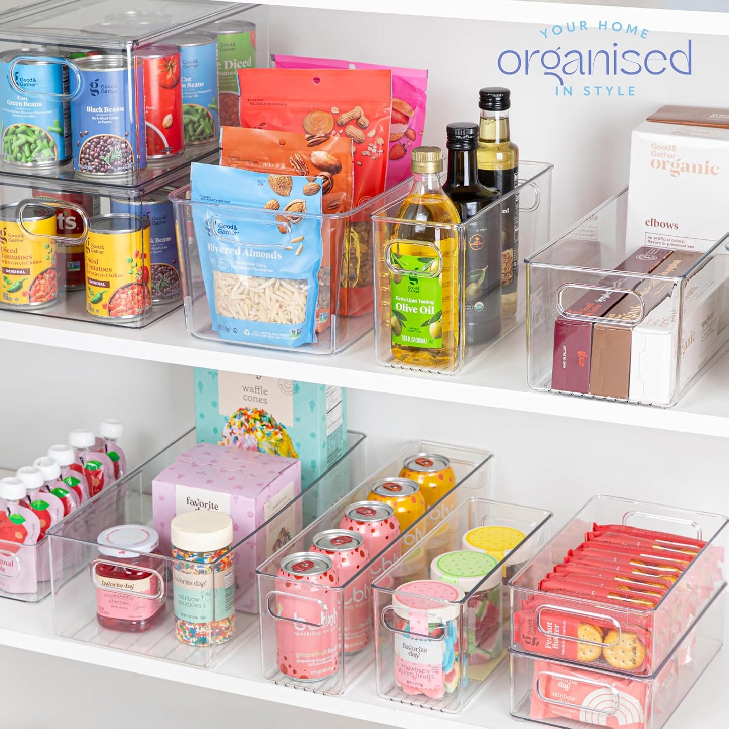 Plastic Food Storage 4 Pack Clear Container Bin with Handles for Organizing Kitchen, Pantry, Refrigerator, Freezer, Pantry, Cabinet, Closet, Bathroom. Stackable 10”x6”x3”
