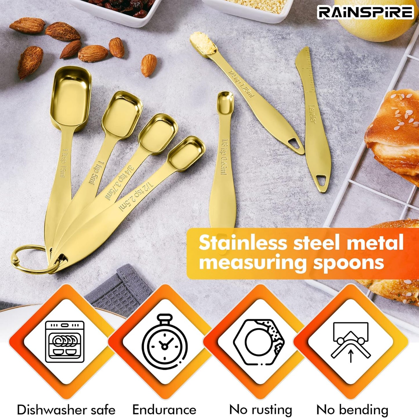 Rainspire Heavy Duty Measuring Spoons Set Stainless Steel, Metal Measuring Cups and Spoons Set for Dry or Liquid, Fits in Spice Jar, Home Gadgets Kitchen Gadgets, Set of 7 Including Leveler