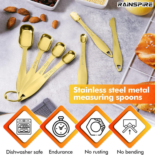 Rainspire Heavy Duty Measuring Spoons Set Stainless Steel, Metal Measuring Cups and Spoons Set for Dry or Liquid, Fits in Spice Jar, Home Gadgets Kitchen Gadgets, Set of 7 Including Leveler