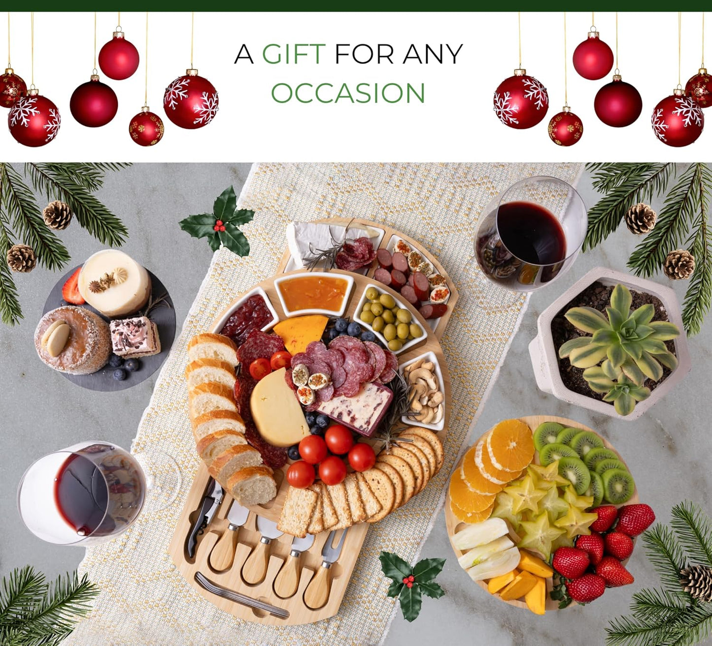 Elegant Bamboo Cheese Board Set: Appetizer & Charcuterie Platter with Drawers, Forks, Knives, Wine Key, Fruit Tray – Perfect Housewarming, Wedding & Bridal Gift.